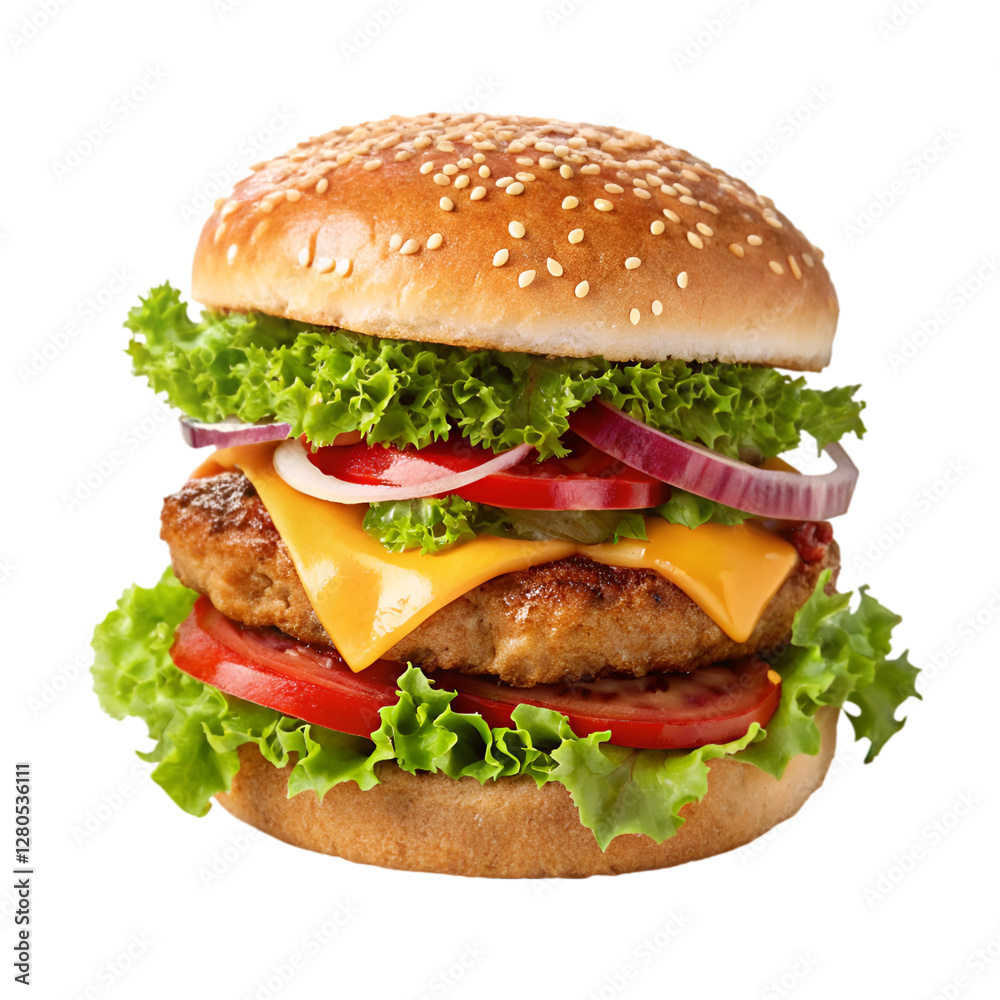 Delicious burger with many ingredients isolated on white background Tasty cheeseburger splash sauce Generated by Ai. Delicious burger with many ingredients isolated on white background Tasty cheeseburger splash sauce Generated by Ai.