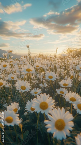 Bright Sunset Over a Field of Daisies Blooms in Golden Light and Gentle Clouds