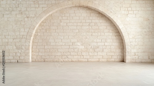 Empty room with arched alcove of light beige stone wall.  Interior shot for product display