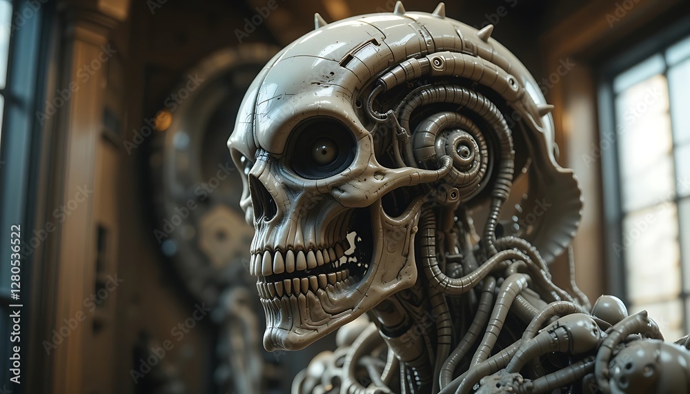 Obraz premium Cybernetic Skull Steampunk Skeleton with Wires and Gears in Classic Setting Generative AI
