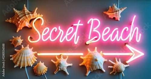 Neon secret beach sign with neon seashells and a sand trail arrow, creating a vibrant, colorful atmosphere that symbolizes adventure, discovery, and a hidden coastal retreat photo