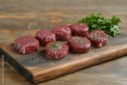Gourmet Beef Steak Slices Garnished With Herbs on Wooden Board Ready for Serving