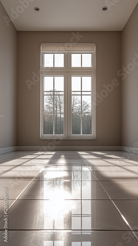Bright and Spacious Room With Large Window Showcasing Sunlight and Clean Tile...