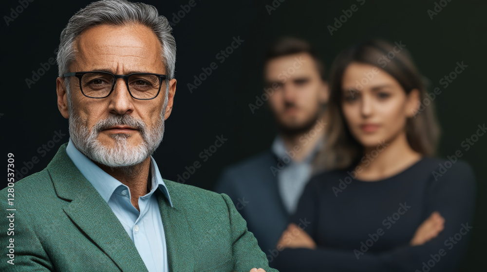 Confident man in green blazer with glasses, two people in background, professional setting, serious expressions, teamwork, leadership, business attire, corporate environment, focus Confident man in green blazer with glasses, two people in background, professional setting, serious expressions, teamwork, leadership, business attire, corporate environment, focus
