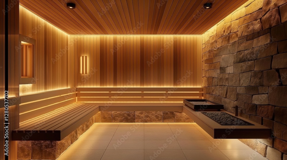 Fototapeta premium modern wooden steam room with white lighting strips on the walls