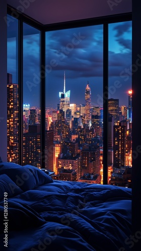 Night Skyline View of a City With Illuminated Buildings and a Cozy Bedroom in...