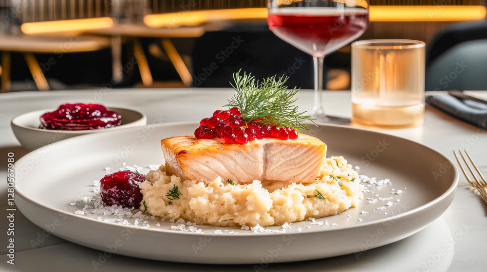 Gourmet plated roasted arctic char with mashed potatoes and fresh garnish for elegant dining Gourmet plated roasted arctic char with mashed potatoes and fresh garnish for elegant dining