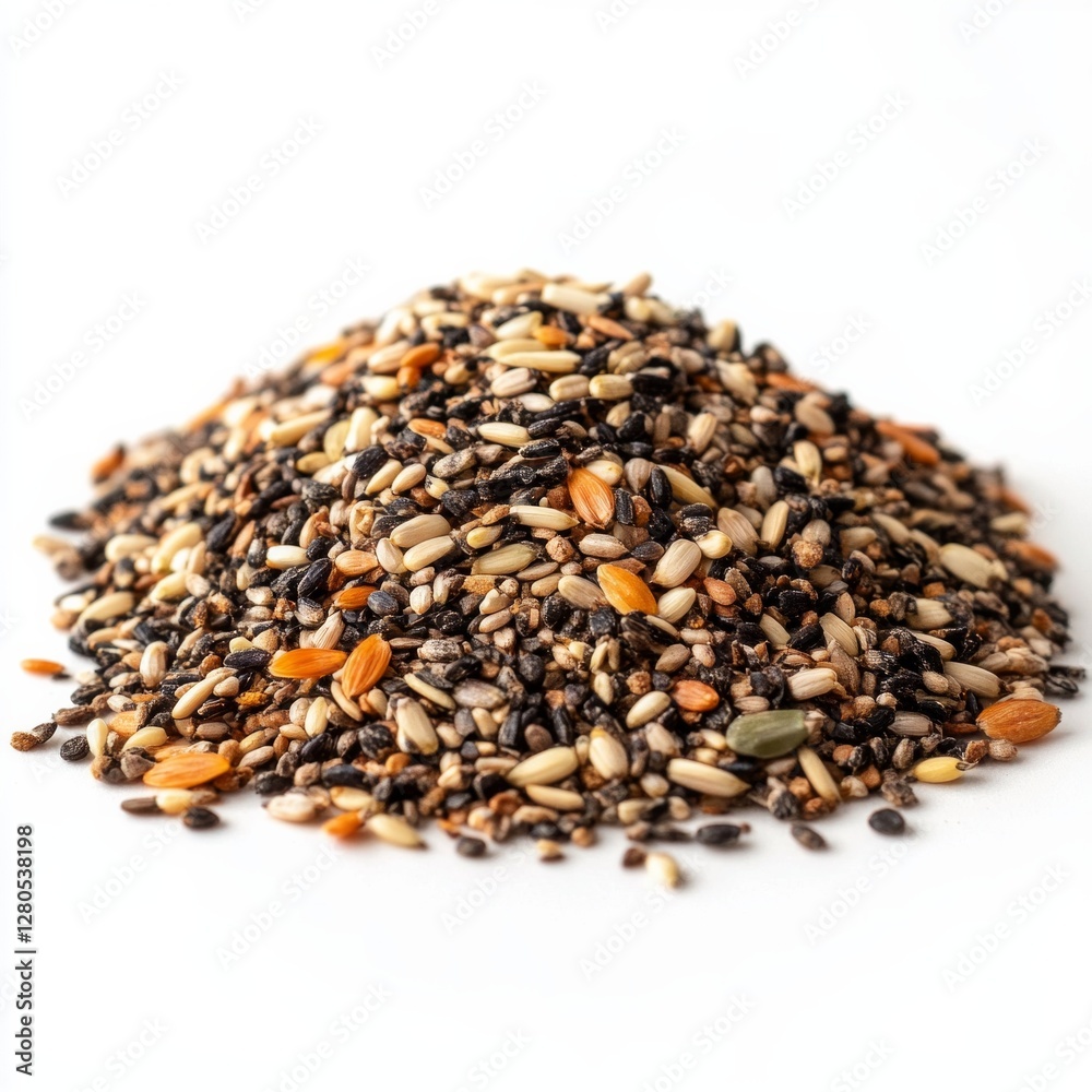 Pile of mixed seeds on white background displaying variety and nutritional diversity Pile of mixed seeds on white background displaying variety and nutritional diversity