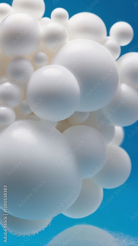 Close-up of white foam bubbles cluster with water droplets on blue background, hygiene and cleaning concept macro shot