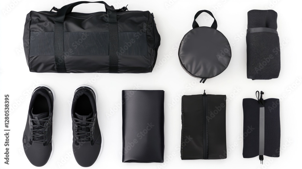 Gym apparel arranged on a white backdrop, featuring shoes, leggings, and a gym bag, no people, sportswear essentials Gym apparel arranged on a white backdrop, featuring shoes, leggings, and a gym bag, no people, sportswear essentials
