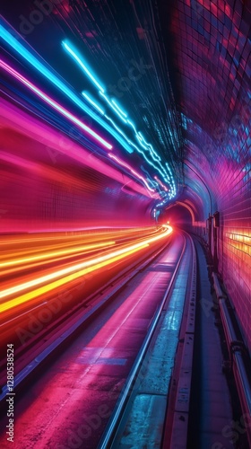 Vivid Light Trails in a Tunnel at Night Demonstrating Motion and Dynamic Energy