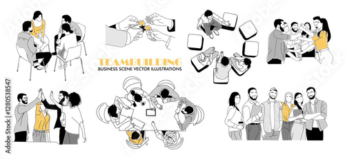 Teambuilding business concept illustrations. Set of illustrations of men and women working together. Modern vector simple outline drawing for graphic and web design. Isolated