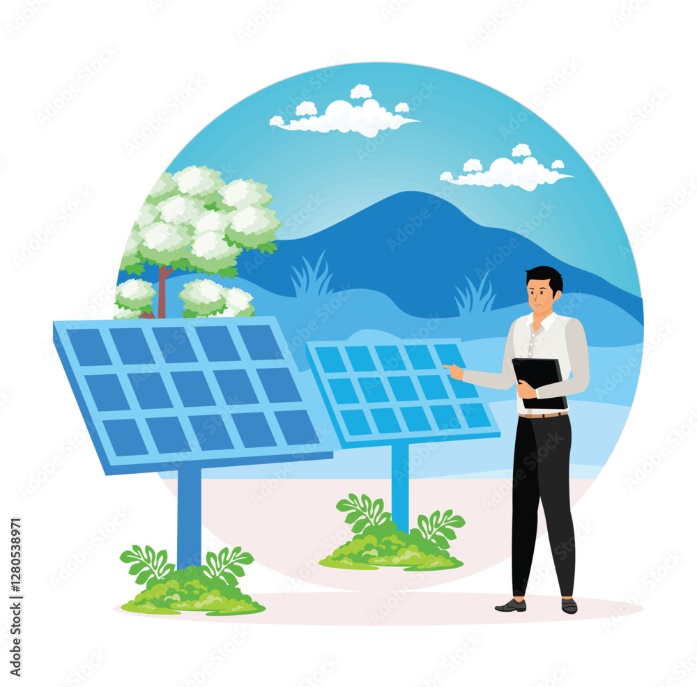 Obraz premium Observing Solar Panels in a Scenic Outdoor Renewable Energy Setup.