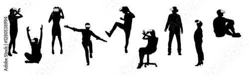Silhouettes of diverse people in virtual reality headset. Men, women wearing digital glasses travel in metaverse. Modern technologies. Black Vector illustrations isolated