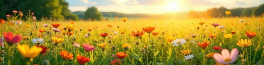 Obraz premium Sun-drenched field, colorful wildflowers, idyllic scene , soft, scene, botanical