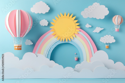 Sfondo per bambini con arcobaleno e sole.