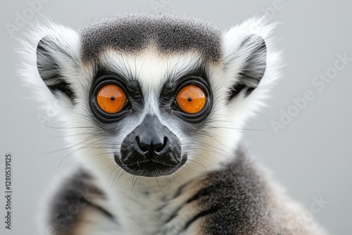 Lemur With Striking Orange Eyes Gazes Into the Camera Against a Neutral Backg...