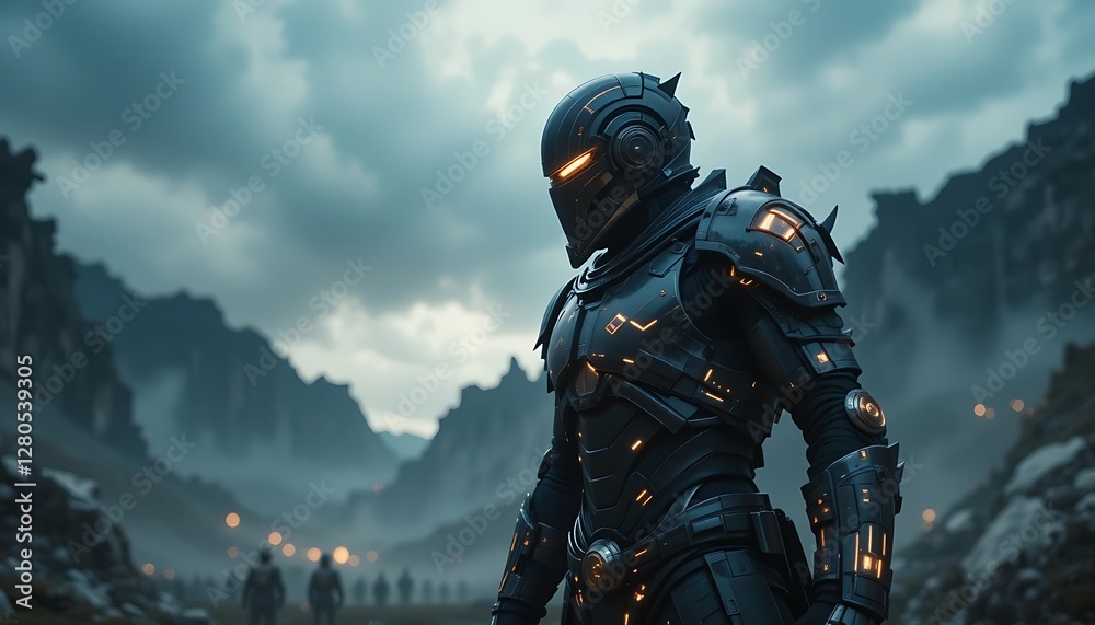 Futuristic Warrior Standing in Mountain Pass Under Cloudy Sky Generative AI Futuristic Warrior Standing in Mountain Pass Under Cloudy Sky Generative AI