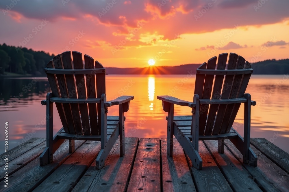 Two weathered chairs on rustic pier, sunset hues on lake, landscape, relax, peaceful Two weathered chairs on rustic pier, sunset hues on lake, landscape, relax, peaceful