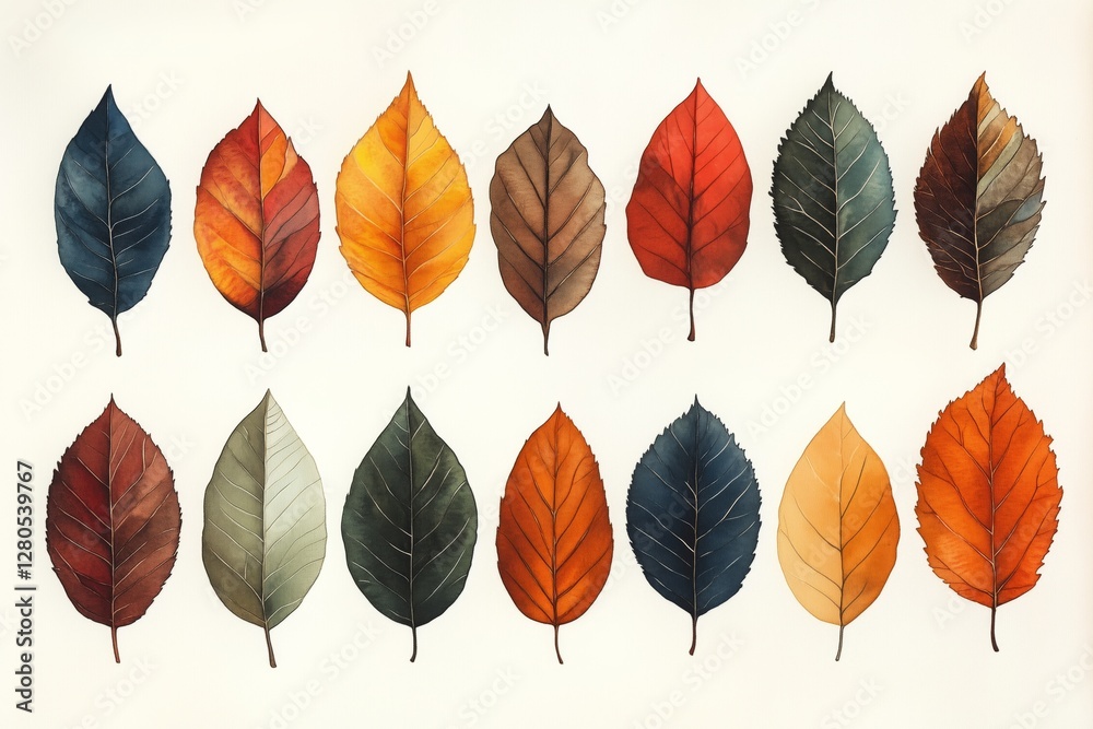Fototapeta premium Collection of Colorful Autumn Leaves Arranged in a Vibrant Display Showcasing Natures Beauty and Diversity