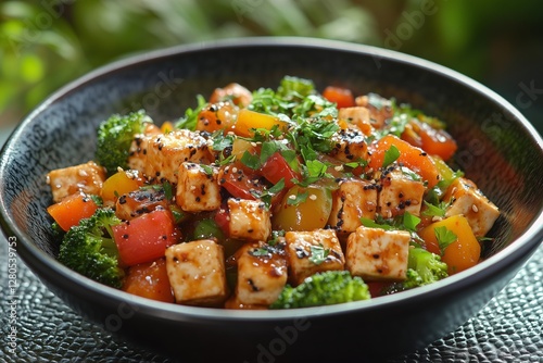 Colorful Tofu Stir Fry With Broccoli and Bell Peppers Served in a Black Bowl