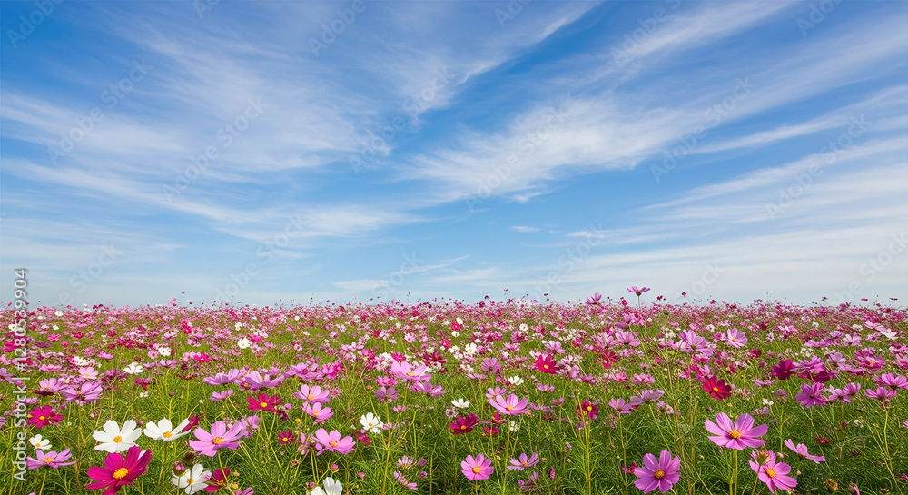 cosmos flower field with blue sky background. cosmos flower field with blue sky background.