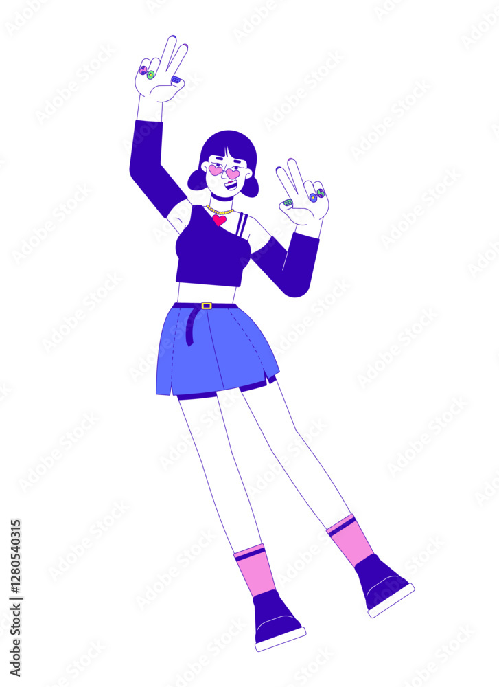 Fototapeta premium Stylish asian y2k girl with trendy accessories making peace signs 2D cartoon character. Early 2000s woman with nails painted isolated person flat vector on white background. Spot illustration colorful
