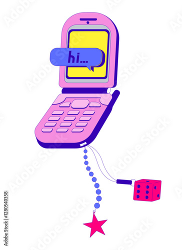 Retro flip phone with charms and text message cartoon flat illustration. Nostalgic mobile 2000s aesthetics. Pop culture. Vintage cellphone 2D object isolated on white background. Vector colorful image
