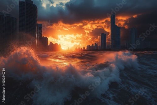 Dramatic Sunset Behind a City Skyline With Turbulent Ocean Waves in the Foreg...