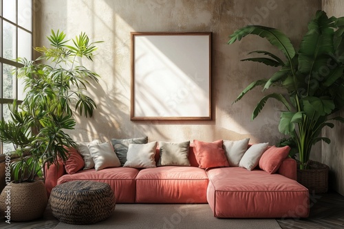 Cozy Living Room With Pink Sectional Sofa and Indoor Plants in a Bright Space
