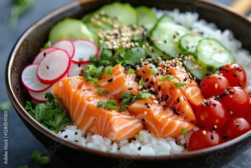 Fresh Salmon Poke Bowl Served With Vegetables and Rice in a Stylish Bowl