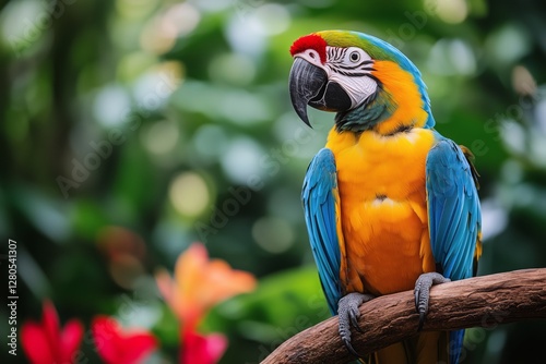 Colorful Parrot Perched on Branch Surrounded by Vibrant Tropical Foliage in a...