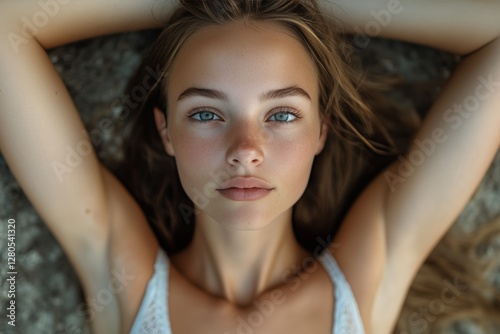 Young Woman Poses Confidently Against a Textured Blue Wall in Natural Light o...