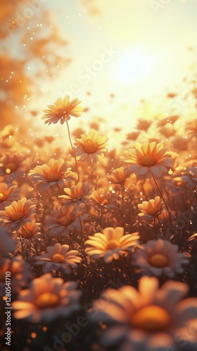 Bright Sunset Over a Field of Daisies Blooms in Golden Light and Gentle Clouds