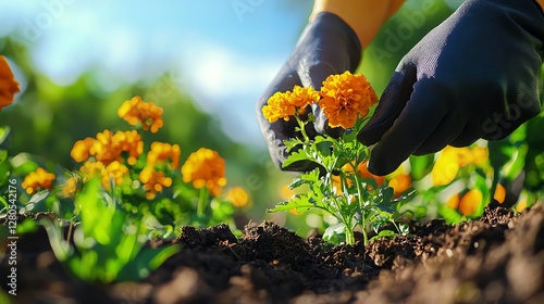 A gardener gently tending to vibrant orange marigold flowers in fertile soil, showcasing a vibrant connection with nature.