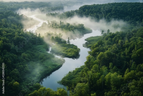 Mist-covered River Winding Through Lush Green Forest in Early Morning Light