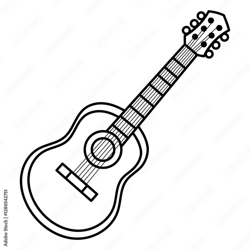 Naklejka premium Minimalist black and white guitar outline, suitable for music themed designs, posters, logos, and coloring book. Ideal for musician projects