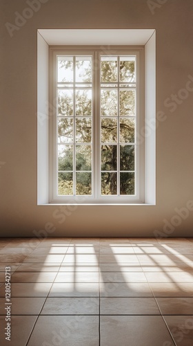 Bright and Spacious Room With Large Window Showcasing Sunlight and Clean Tile...