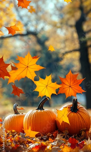 Autumn scene featuring pumpkins and falling leaves in park
