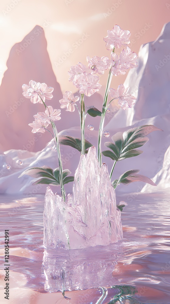 Obraz premium Digital technology pink green three-dimensional glass flowers iceberg landscape poster background