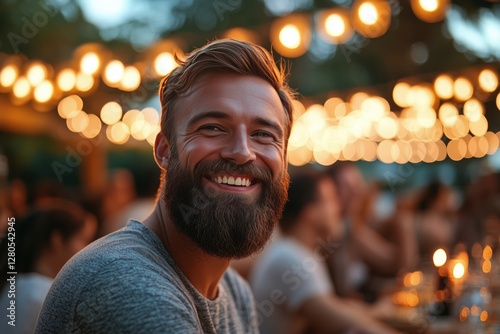Charming Man Enjoying a Lively Outdoor Dinner Party Surrounded by Warm Lights...