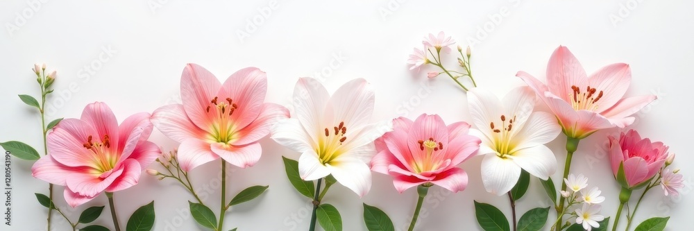 Fototapeta premium Delicate pastel-colored lilies, roses, and forget-me-nots on pure white , spring flowers, image, flowers