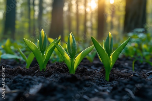 Fresh Seedlings Emerging in a Forest Under Morning Sunlight With a Serene Atm...
