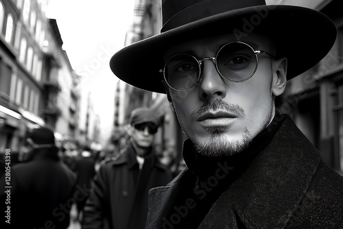 Fashionable man in black hat and sunglasses on city street. Possible use Fashion, urban lifestyle photo