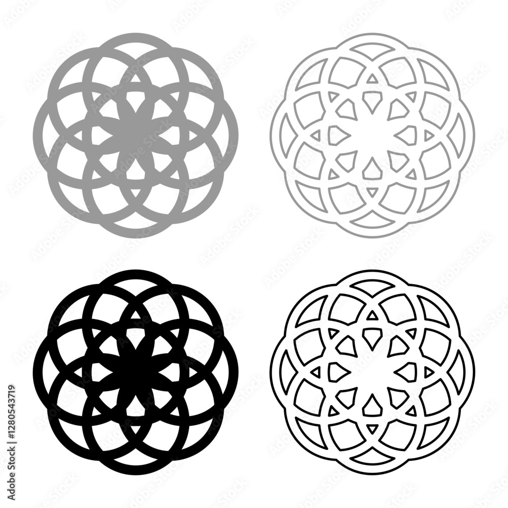 Flower of life Sacred geometry set icon grey black color vector illustration image solid fill outline contour line thin flat style Flower of life Sacred geometry set icon grey black color vector illustration image solid fill outline contour line thin flat style