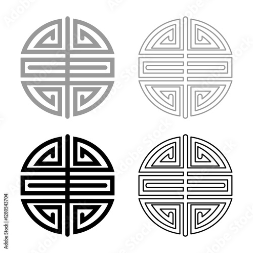 Symbol chinese character shou folk religion Asian happiness longevity set icon grey black color vector illustration image solid fill outline contour line thin flat style
