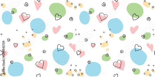Vector Seamless abstract pattern of colorful elements hearts points spots stains. Hand drawn doodle background, texture for textile, wrapping paper, cover, Valentine's day