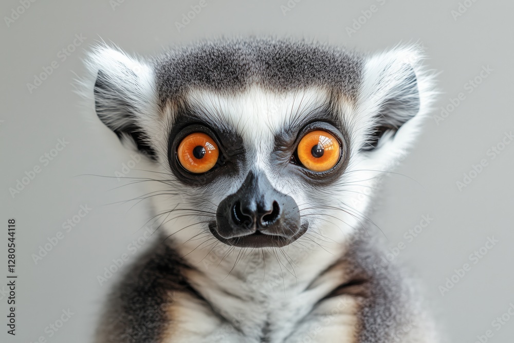 Fototapeta premium Lemur With Striking Orange Eyes Gazes Into the Camera Against a Neutral Background