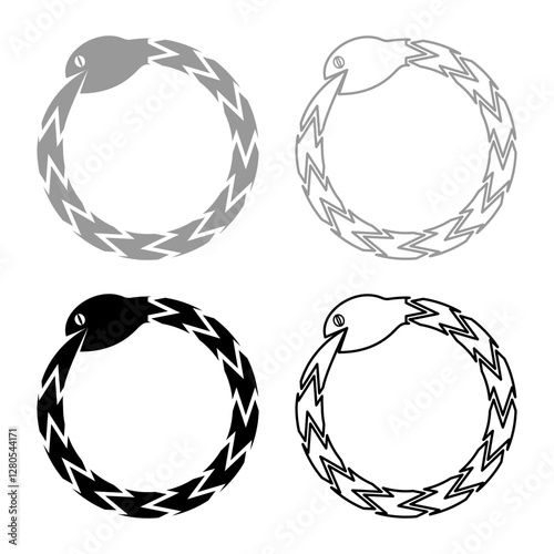 Uroboros Zhulong snake eating own tail coiled in ring Ouroboros serpent set icon grey black color vector illustration image solid fill outline contour line thin flat style