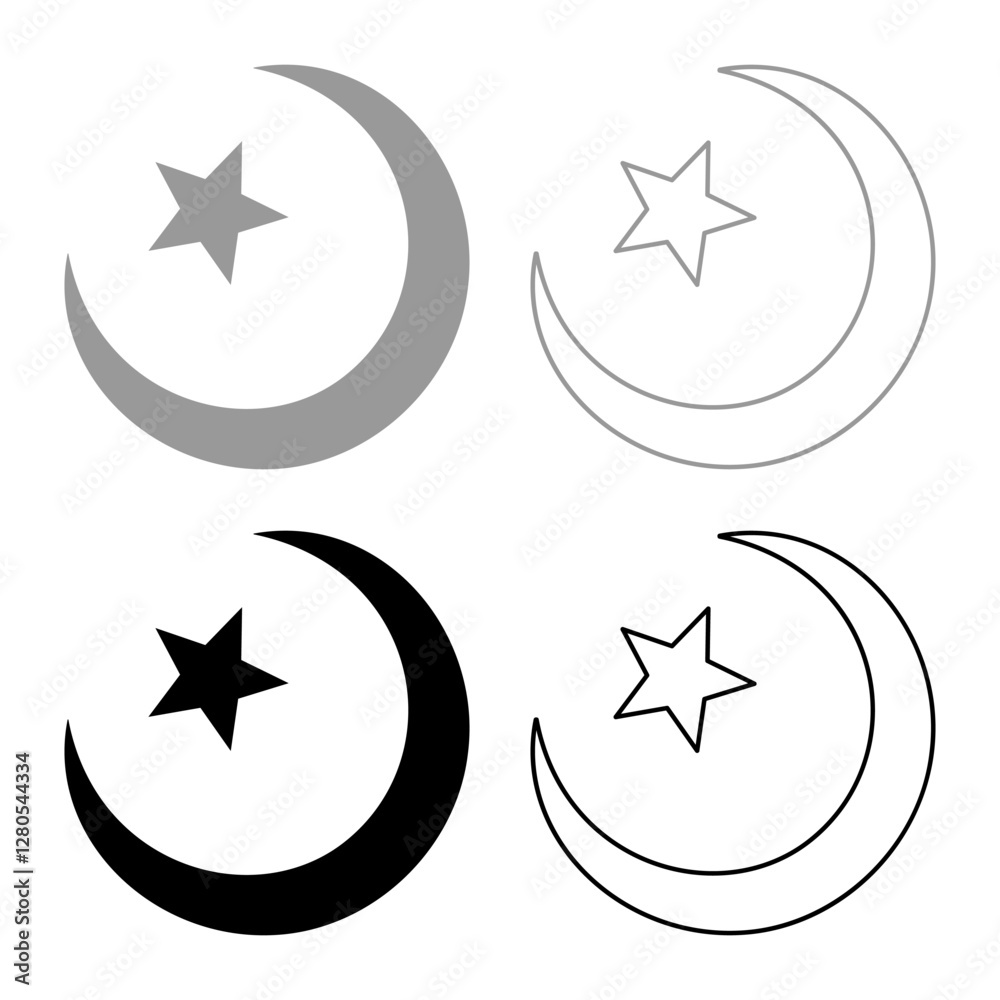 Obraz premium Symbol Alem Islam Halfmoon Arabic moon and star set icon grey black color vector illustration image solid fill outline contour line thin flat style